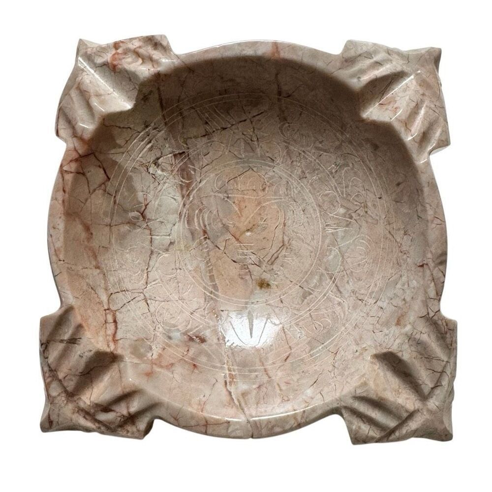 Mayan Mexican Aztec Tribal Carved Faces Etched Marble Stone Onyx Ashtray Vintage